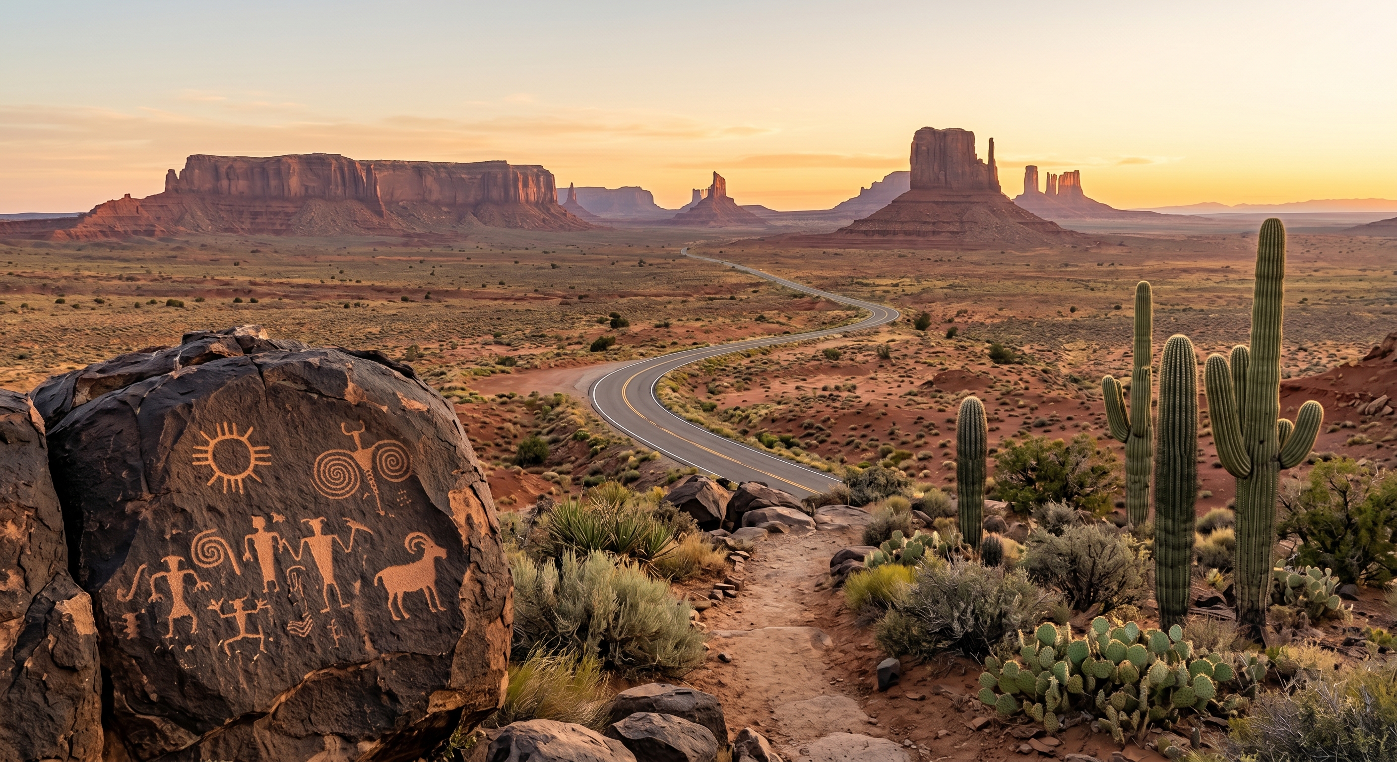 A road winding through Monument Valley at dusk, with ancestral petroglyphs on a boulder in the foreground