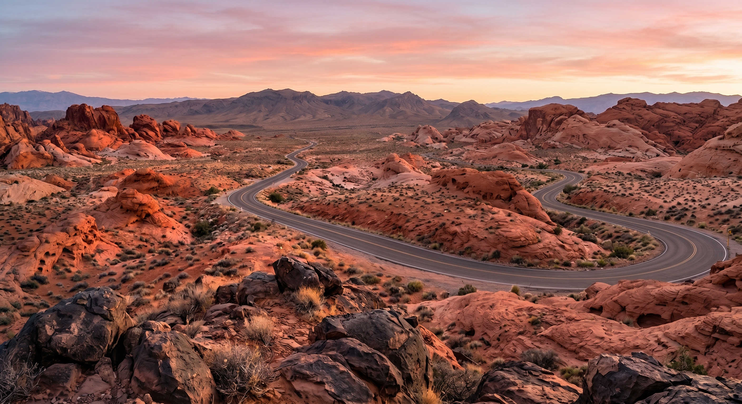 A highway winding through Nevada's red-rock desert at dusk